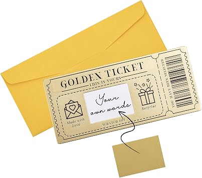 Golden Ticket Scratch-off Cards with Envelopes, Scratch & Reveal Surprise Ticket for Writing Your Own Special for Birthday, Gifts for Girlfriends, Wives, Valentine's Day Cards, Christmas Cards