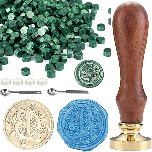 Mornajina Sello de cera clásico de madera con letra B + 360 cuentas de cera de sellado verde metálico
