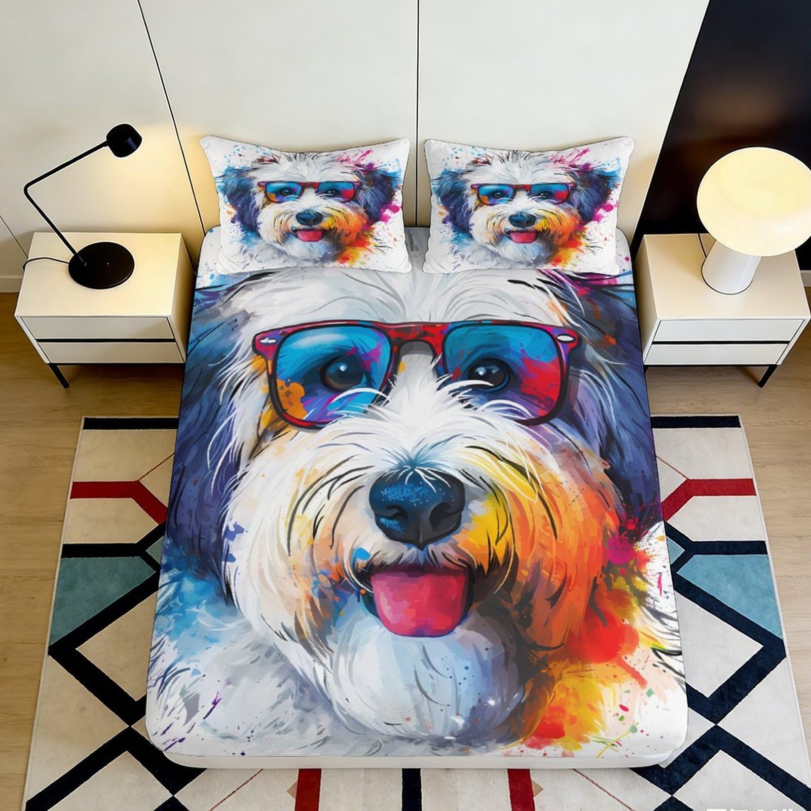Jqzkxnhpbr Style-2 3D Printed Colourful Dog Fitted Sheet Microfiber Bedroom Decor Artistic Pet Bed Cover Washable Anti-Slip For Adults Teens 90X200x25cm