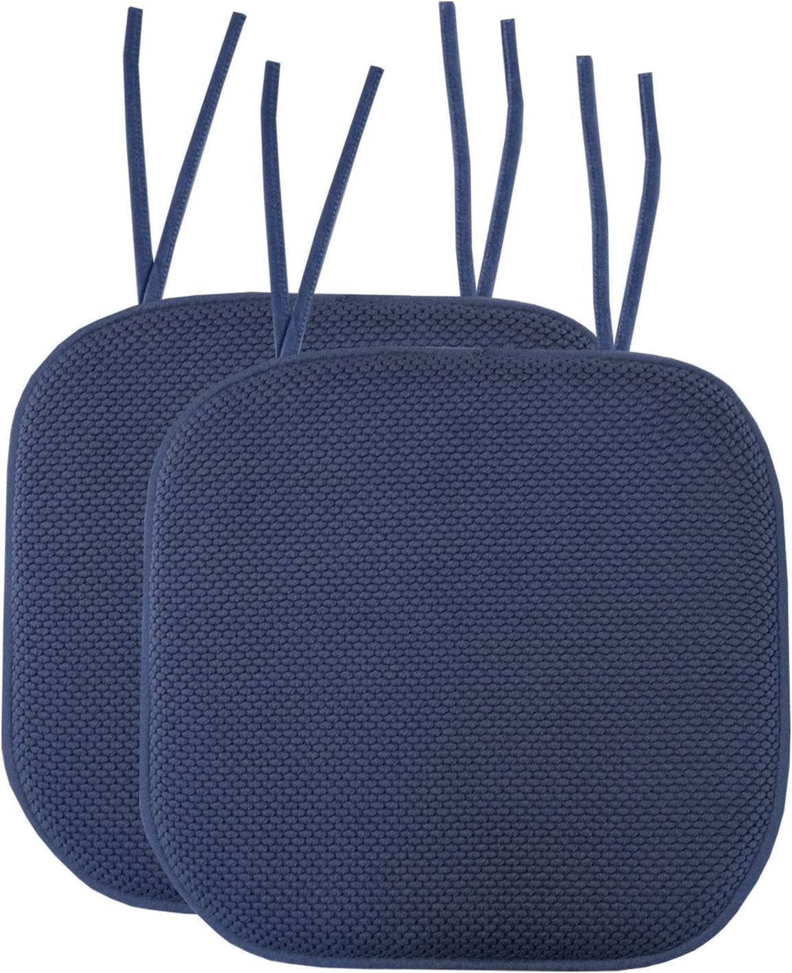 Sweet Home Collection Chair Cushion Memory Foam Pads with Ties Honeycomb Pattern Slip Non Skid Rubber Back Rounded Square 16" x 16" Seat Cover, 2 Pack, Navy Navy 2 Count (Pack of 1)