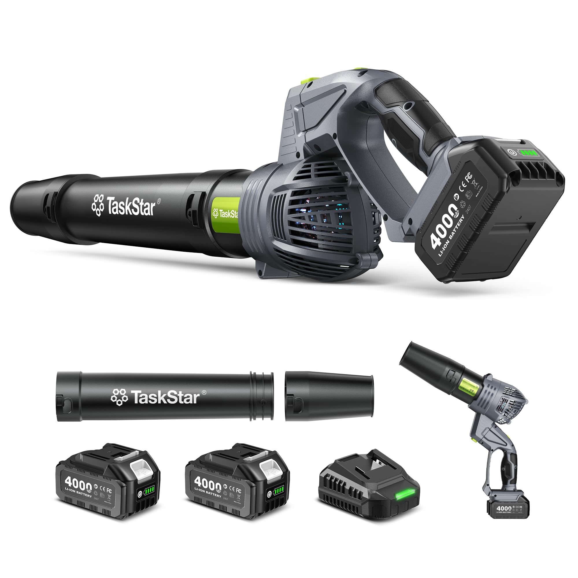 Souffleur de feuilles sans fil Taskstar 550 CFM avec 2 batteries 4Ah et tête pivotante pour jardin