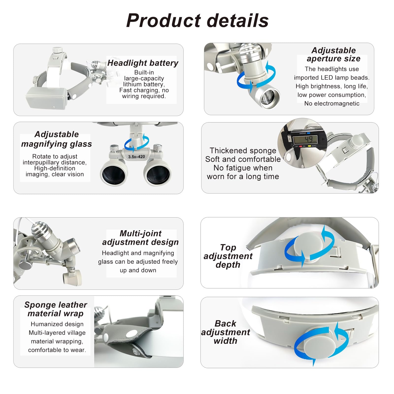 Dental 2.5X/3.5X Loupes Chirurgico Occhialini Binoculari Chirurgici con Luce 7W Fascia per Occhiali Fascia per Capelli Avvolta in Spugna Telaio Lenti di Ingrandimento (Color : 3.5X)