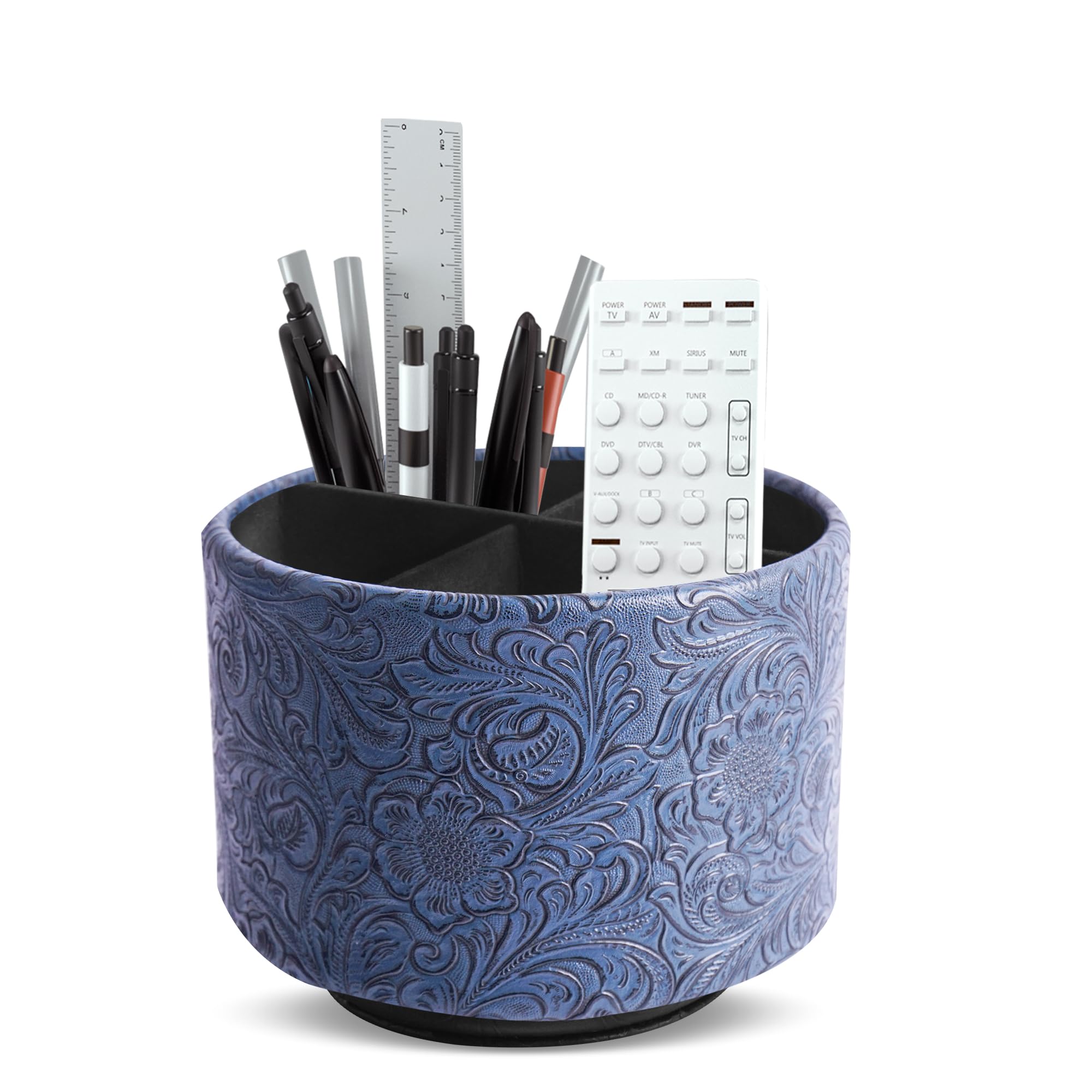 Mtzmy Round Leather Art Supply Organizer,Remote Control Holder,360 Degree Spinning,Multi-Functional Pencil Holder,4 Compartments Desktop Stationary Organizer(1-Carved Bluev