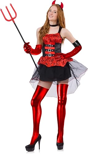 Miniatura 5 de SATINIOR Disfraz de carnaval de Halloween para mujer, elástico de elastano, guantes largos y húmedos brillantes y medias altas hasta el muslo