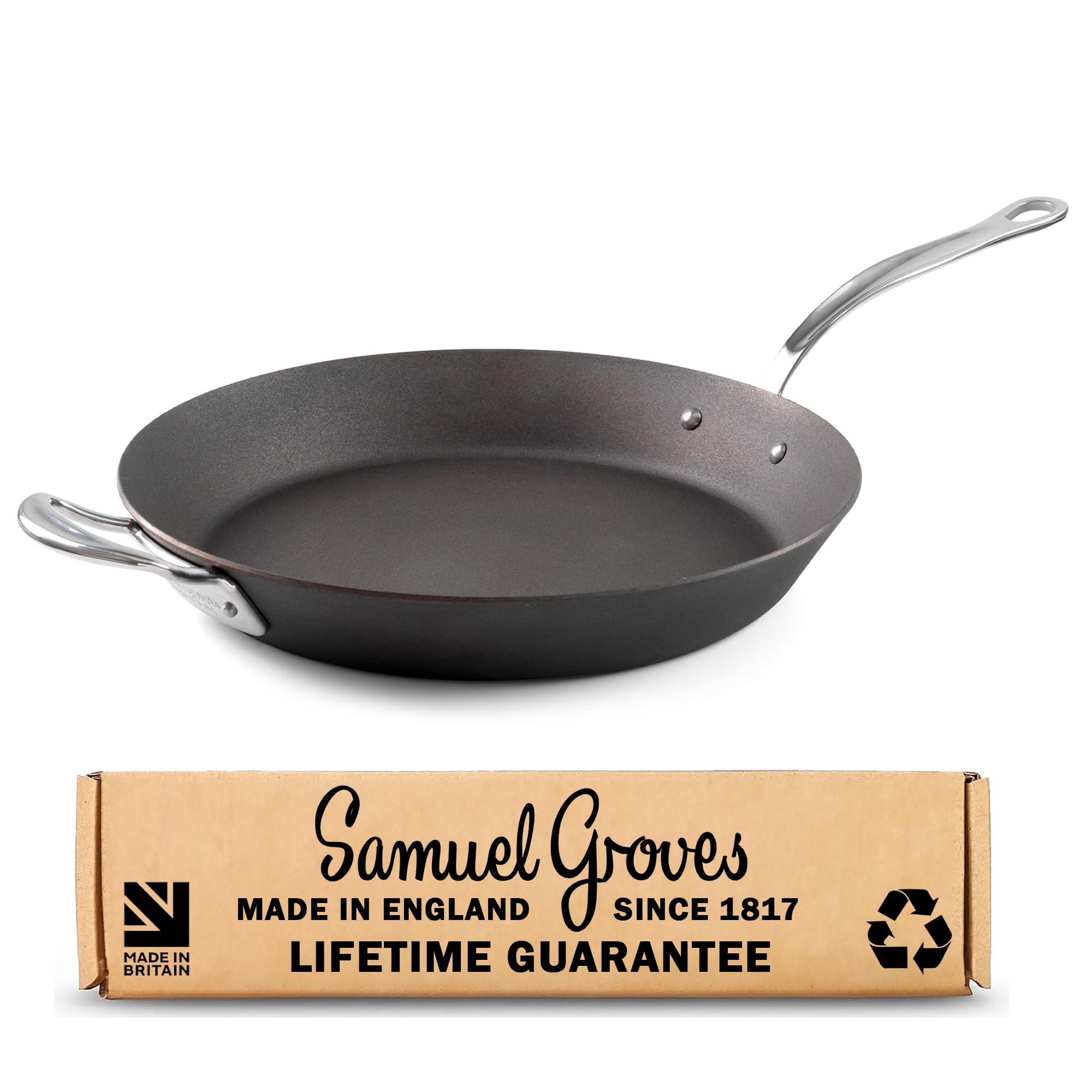 Samuel Groves 14" Seasoned Carbon Steel Frying Pan - 36cm / 14" - UK-Made Professional Frying Pan for Induction, Gas, Oven & BBQ - Heavy-Duty, Naturally Non-Stick - UK's Oldest Cookware Brand