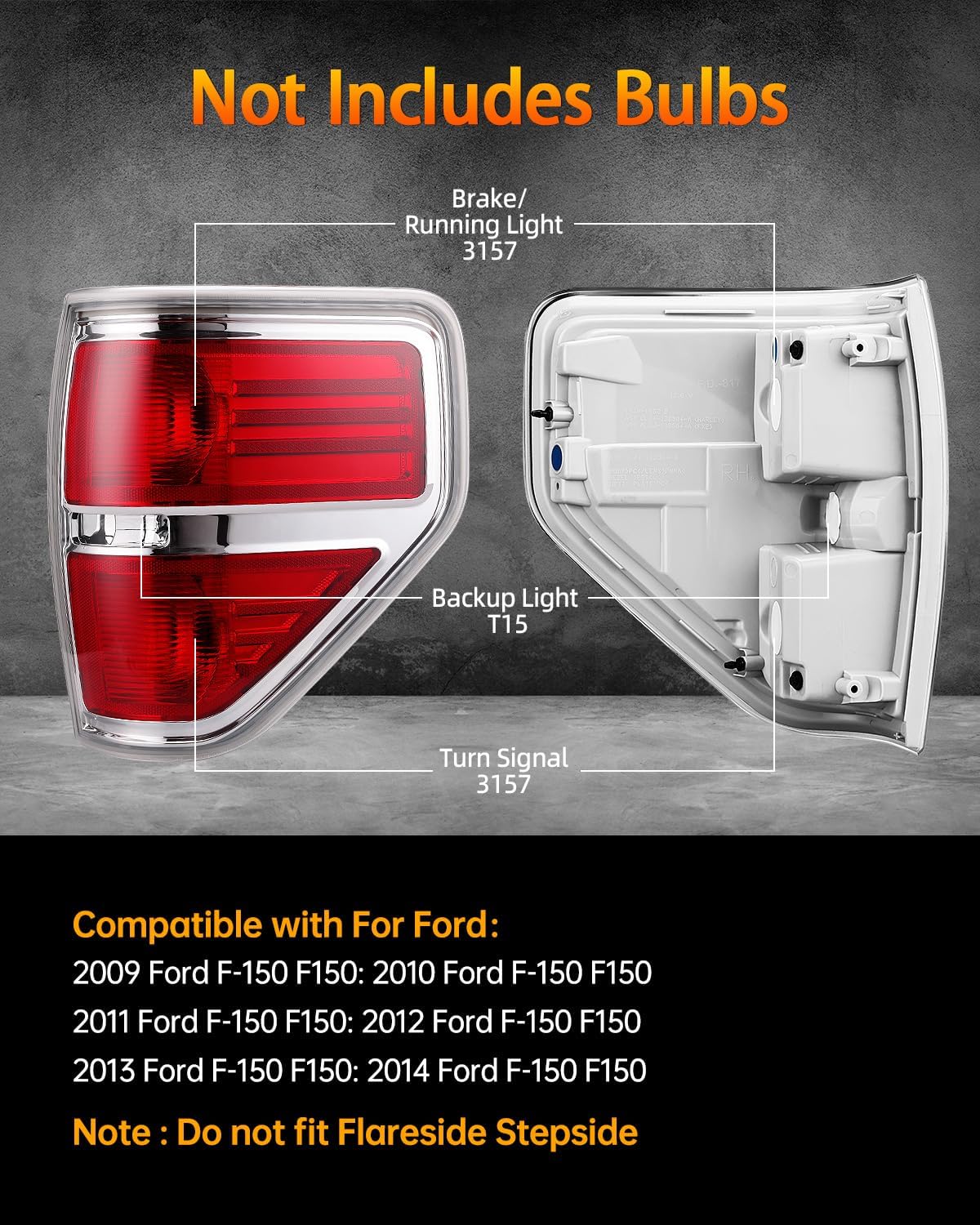 OKLPF Rear Brake Tail Lights Compatible With 2009 2010 2011 2012 2013 2014 Ford F150 F-150,Replace Silver Taillights Assembly Red Chrome Tail Lights,Not Included Bulbs,Driver and Passenger Side