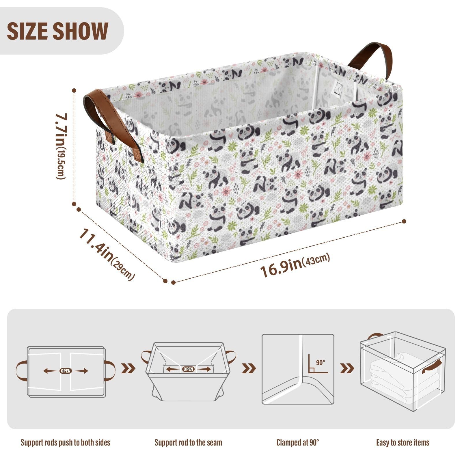 Fygkptb Seamless Pandas and Green Floral Flowers on White 2 PC Rectangle Foldable Frame Basket Leather Handles Storage Bin for Laundry Bathroom Organizer 16.9 x 11.4 x 7.7 inch
