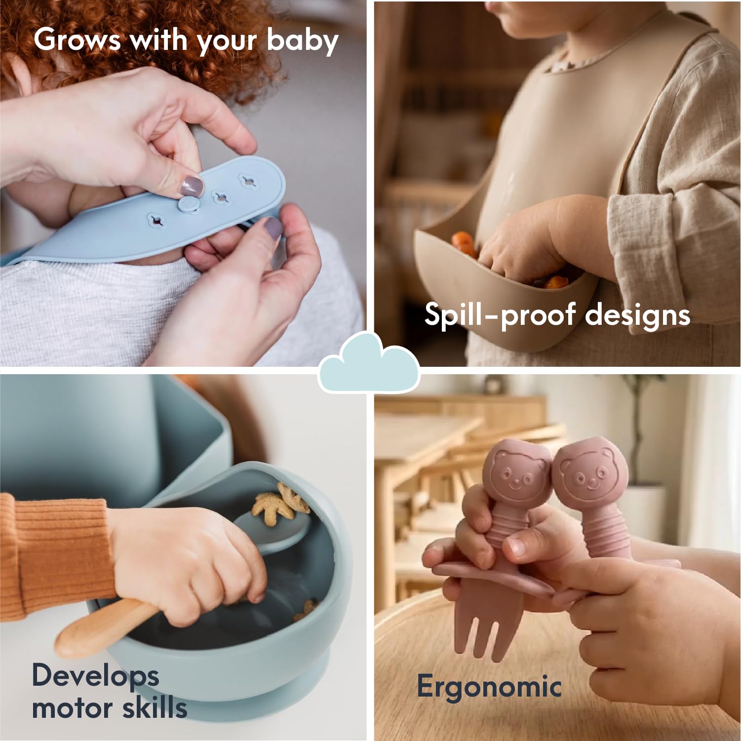 Coffrets repas: Set repas bébé en silicone | Complet set vaisselle bébé comprend: avec assiette ventouse + bol bebe + tasse d'apprentissage + bavoir silicone +4 couverts bebe | Cadeau ideal, sans BPA