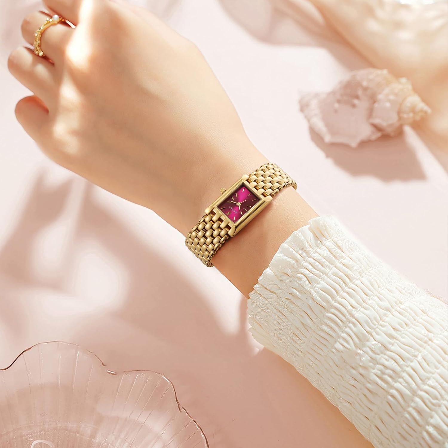 BERNY Dainty Gold Watch for Women, Rectangular Women's Wrist Watch, Small Fashion Ladies Bracelet - All Stainless Steel, Waterproof, Sun-ray Dial, Luxury Birthday Present - Image 4