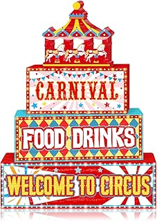 Britimes 4 Pcs Circus Carnival Table Decor Tiered Tray Decorations Set Carnival Food Drinks Welcome to Circus Stack Block Signs Gift Colorful Festival Tabletop Decor for Table & Home Office