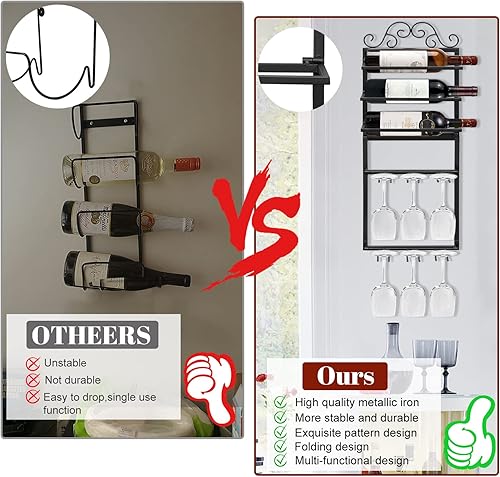 Miniatura 5 de Estante para copas de vino montado en la pared, 5 capas de metal colgante para botellas de vino con capacidad para 3 botellas, 6 vasos para vasos,