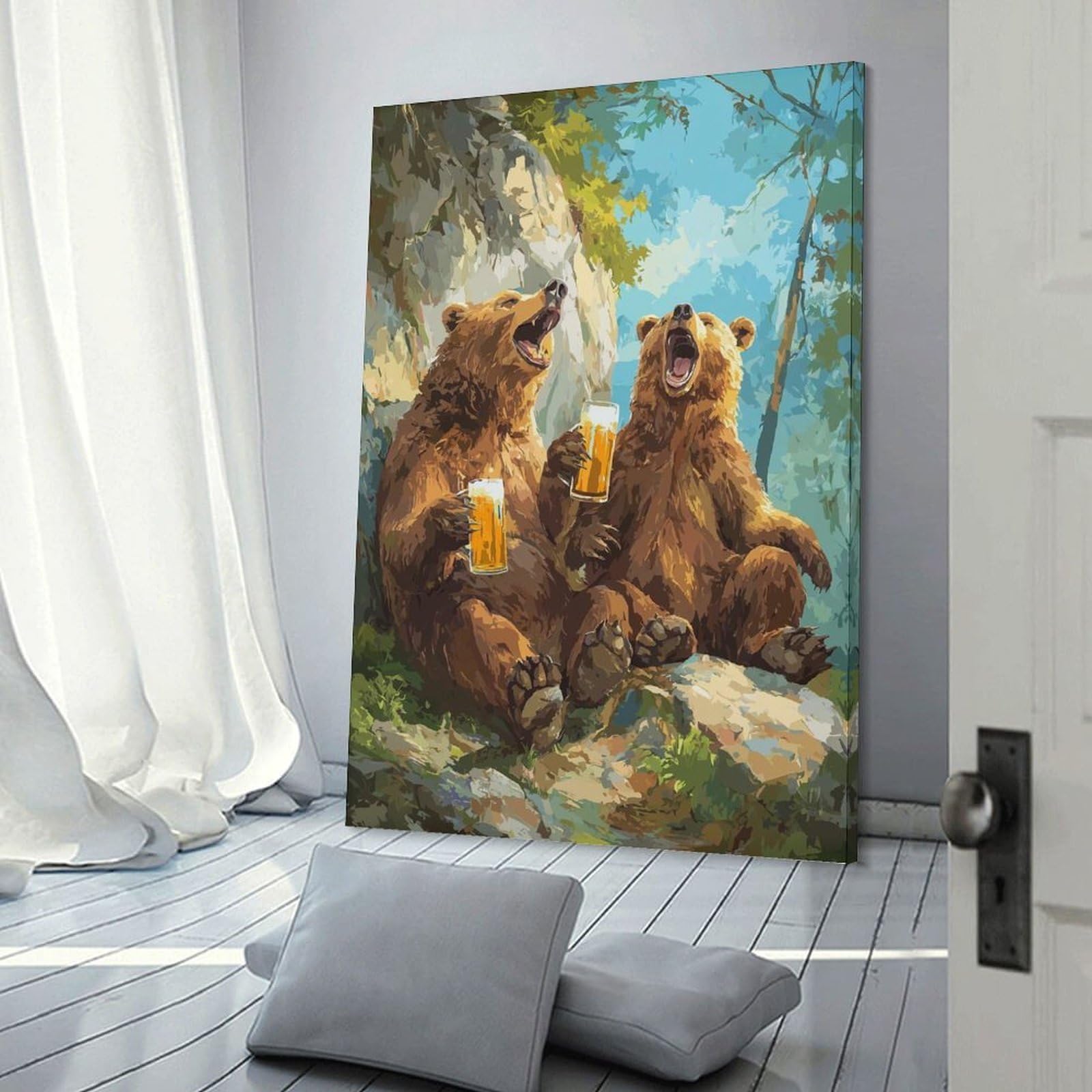 Junmoney Frame-Style-4 Canvas Art Print Two Bears Drinking Beer, 12X18inch(30X45cm), For Contemporary Homes, Apartments Or Offices, Decorative Canvas Decor For Home Updates