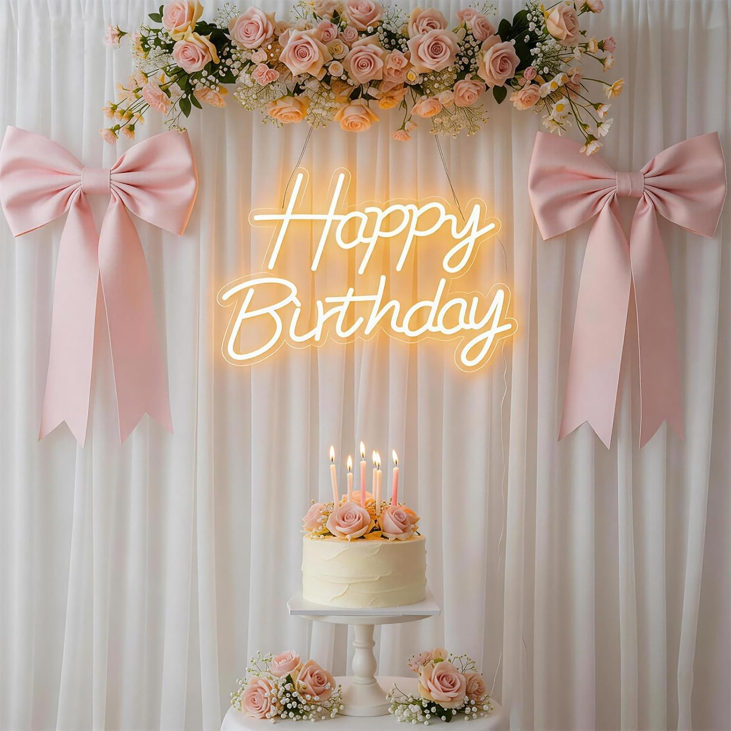 22" x 14.5" Happy Birthday Neon Sign for Backdrop, LED Happy Birthday Light Up Sign, USB Powered Dimmable Neon Light for Birthday Party Decorations, Wall Decor, Warm White