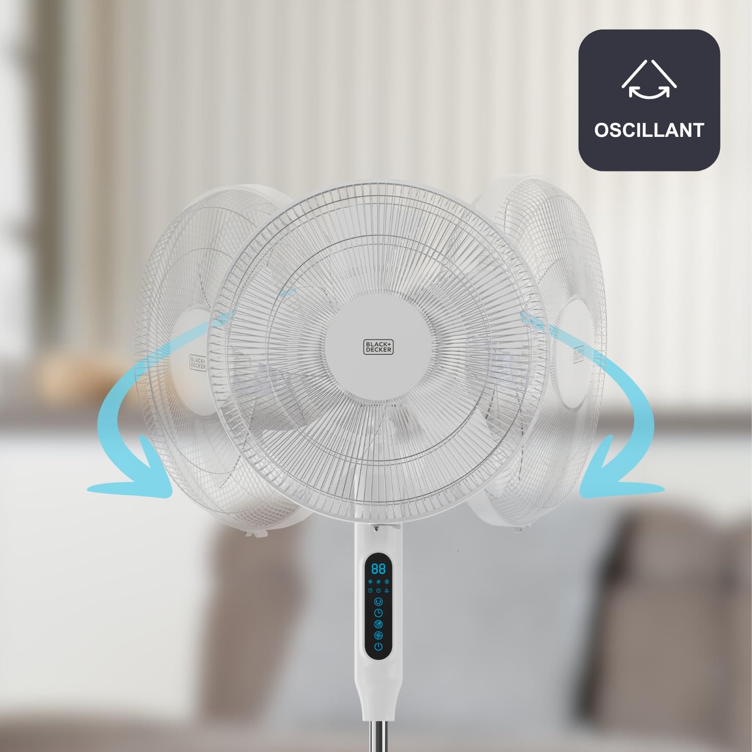 Black+Decker - Ventilador de Pie 30W | 24 Velocidades | Modos Normal, Natural y Noche | Timer 15h | Oscilación Automática | Altura Ajustable 118-138 cm | Pantalla LED | Silencioso | Mando a Distancia