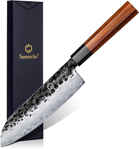 Sunnecko Cuchillo de chef japonés Santoku Cuchillo de cocina de 7 pulgadas cuchillo de chef profesional forjado a mano 3 capas de acero recubierto