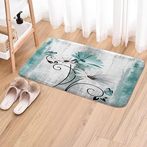 Miniatura 9 de Tapete de baño rústico de granja, diseño de margaritas moradas y mariposas, alfombra de baño de madera para baño, alfombra de baño suave y