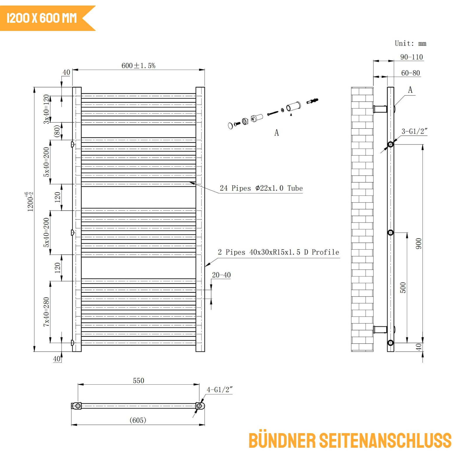 WITEN&NOCK Badheizkörper 1200x600 mm Designheizkörper Seitenanschluss Nabenabstand 500 & 900 mm Handtuchtrockner Handtuchwärmer gerade weiß 598 Watt