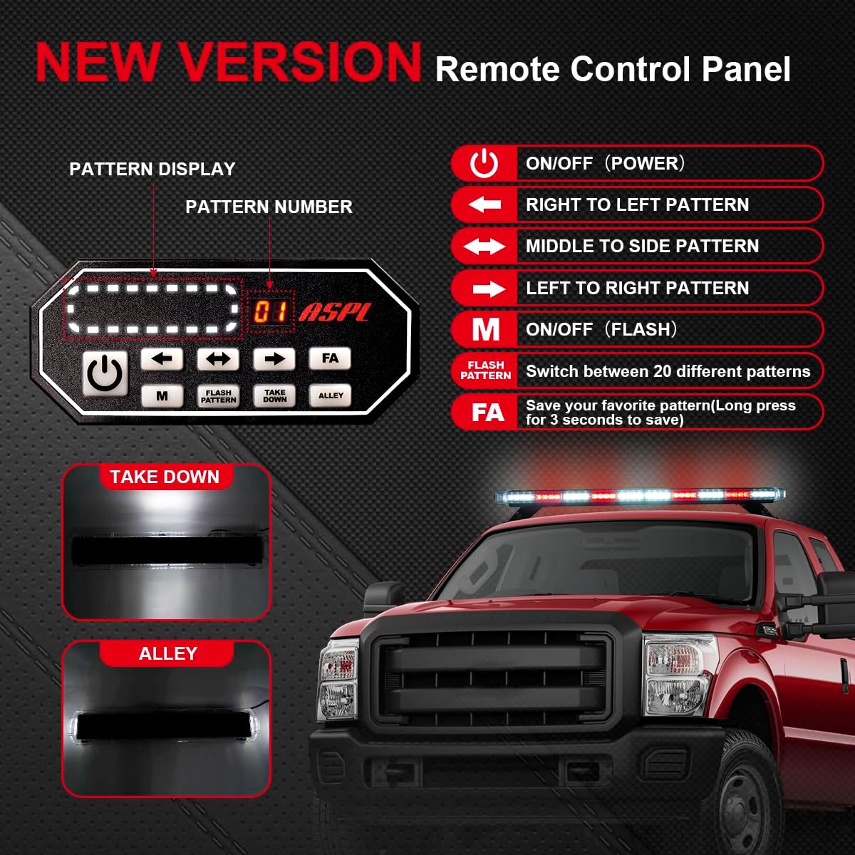 ASPL 47" Low Profile Roof Top Strobe Lights Bar with Controller High Intensity 88 LED Emergency Warning Flashing Traffic Advisor Snow Plow Light for Trucks Vehicles Tow Pickup (Red/White)