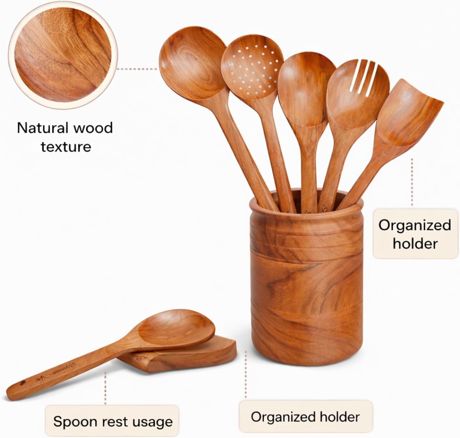 Wooden Cooking Utensil Set of 9 – Natural Mango Wood Kitchen Tools with Holder & Spoon Rest | Nonstick Safe, Heat-Resistant, Eco-Friendly Wooden Spoons & Spatulas for Cooking & Serving - Image 8