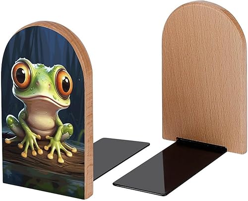 Miniatura 2 de Sujetalibros decorativos de madera con diseño de rana linda para libros, libros, DVD, 1 par2 piezas (5 x 3.1 pulgadas)