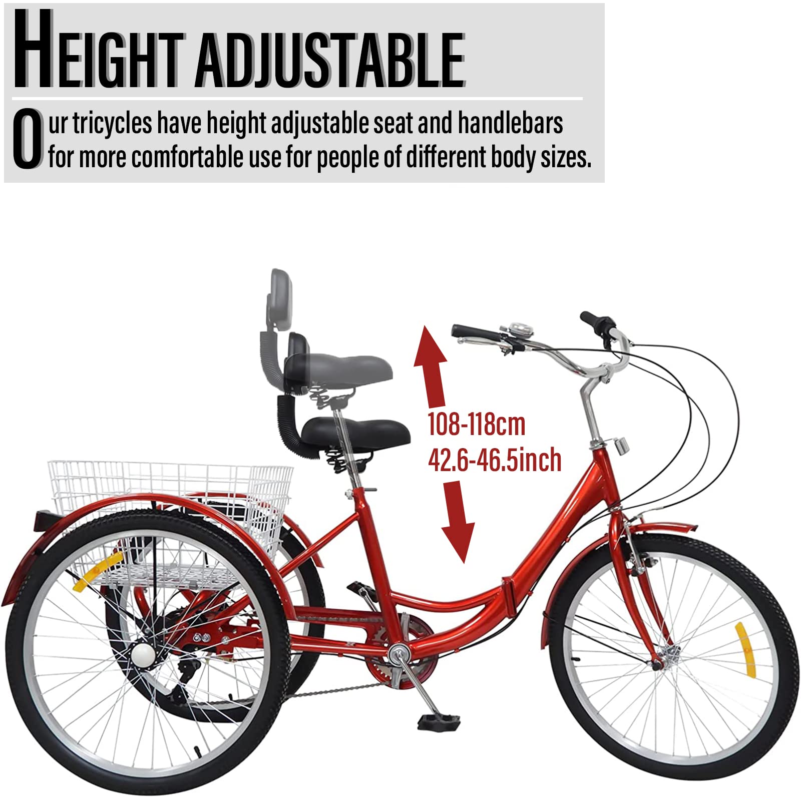 Tricycle Adulte 24" Tricycle Pliant de 24 Pouces pour Adultes Seniors Vélo Cruiser à 3 Roues avec Panier 7 Vitesses Siège Confortable avec Dossier