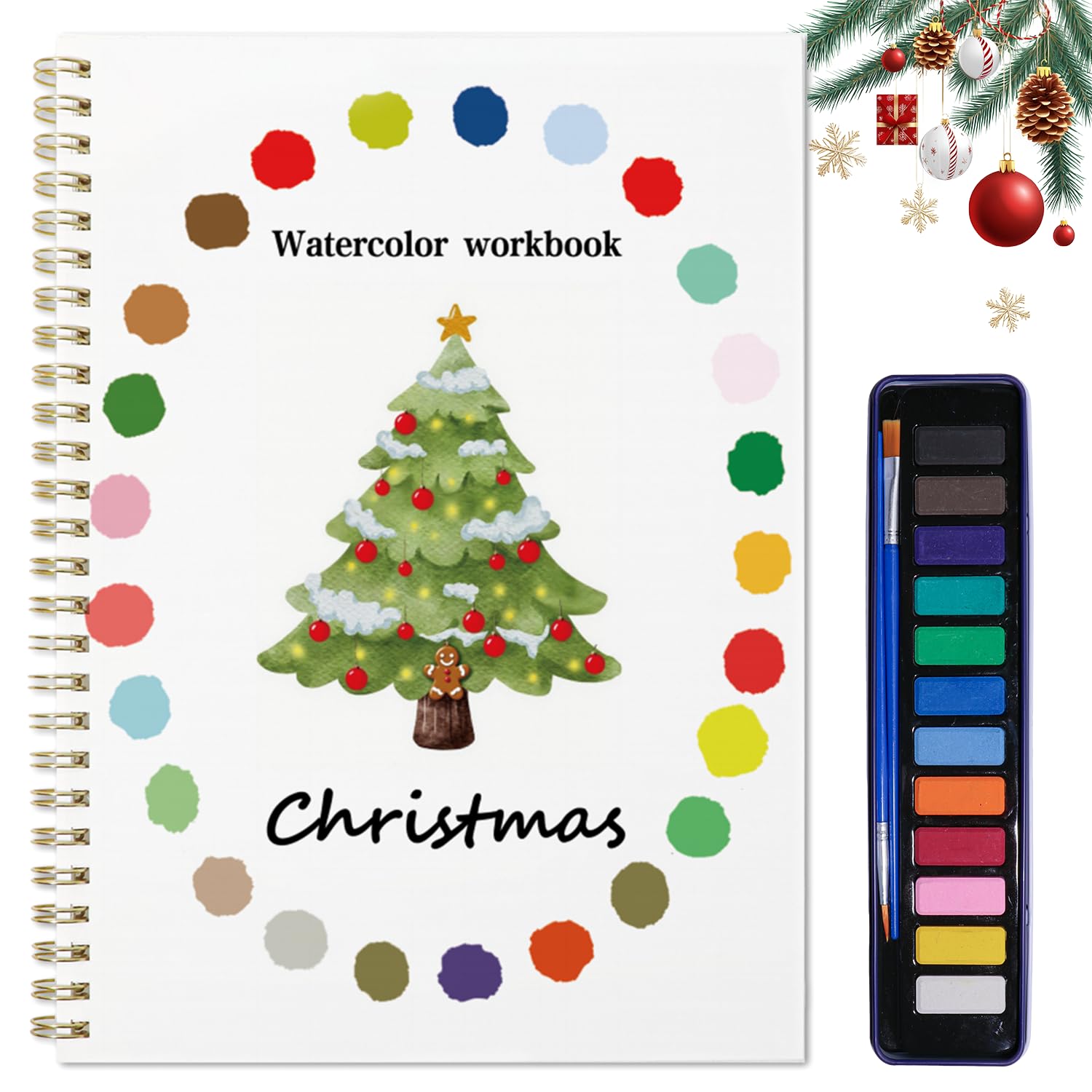 Beginner-Friendly Animals Watercolor Workbooks, 12 Colors Watercolor Paint Set with Paint Brush, Beginner-Friendly Watercolor Painting Kit (Christmas)