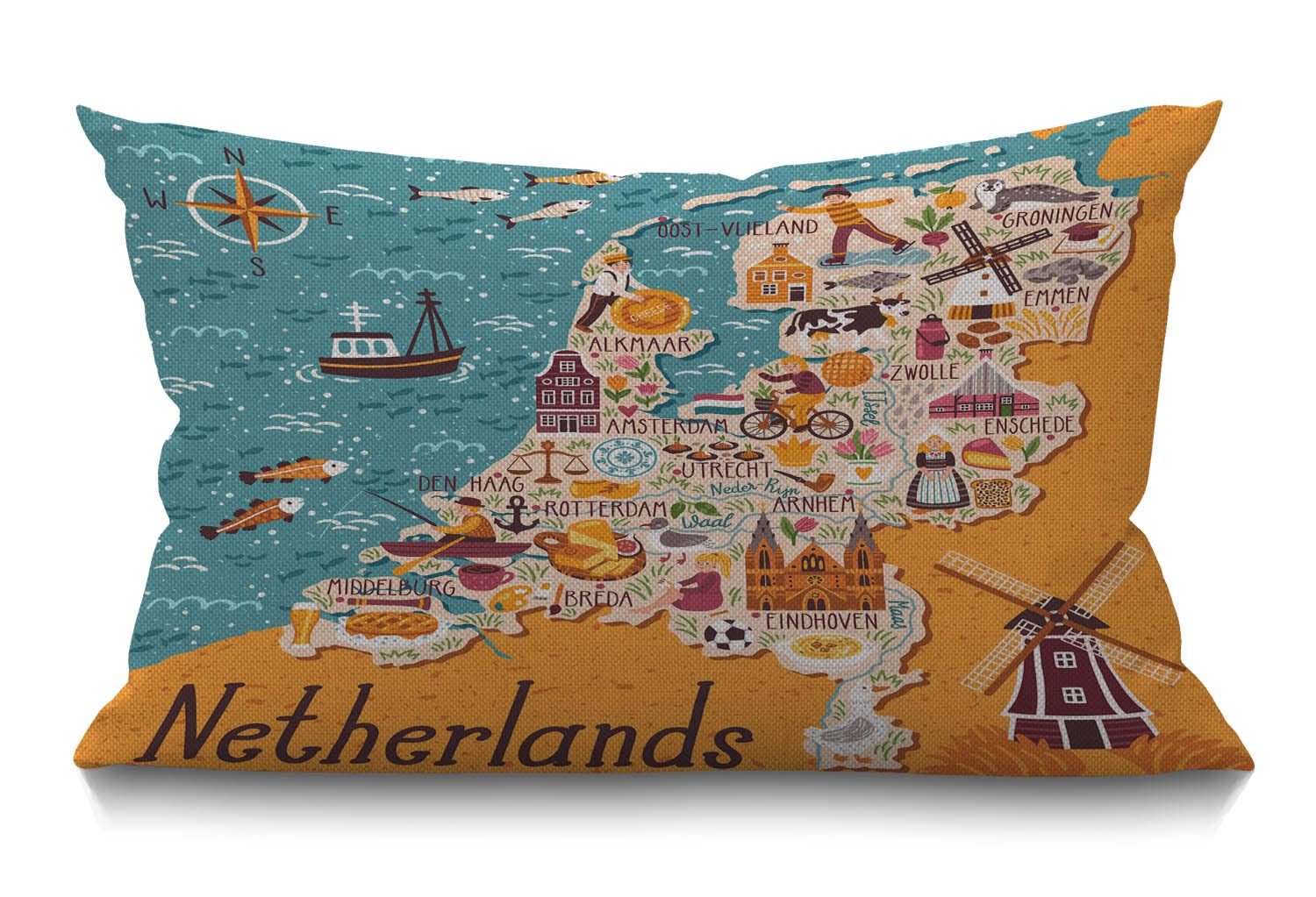 Bgbdeia Multi 307 Map Of Netherlands Decorative Cushion Cover Dutch Landmarks Holland Food Windmill Blue Yellow Cotton Linen Throw Lumbar Pillow Case Throw Pillow Cover Home Office Decorative Rectangle 12 X 20 Inches