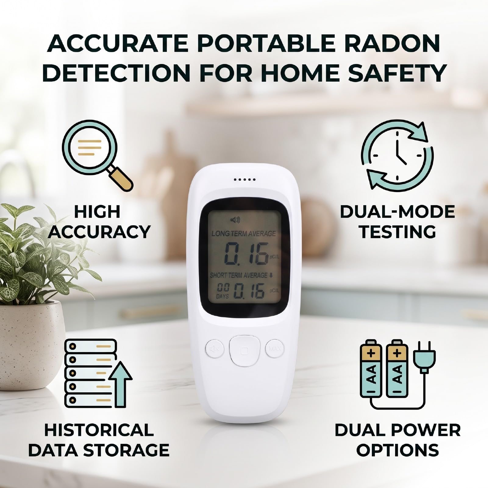 Fafeicy Rilevatore di Radon Digitale, Monitor con Display LCD 0-270pCi/L | Tecnologia sensore ionico, modalità rapida 48 ore, dati medi di 7 giorni, campionamento in 1,5 s, unità da tavolo per casa,