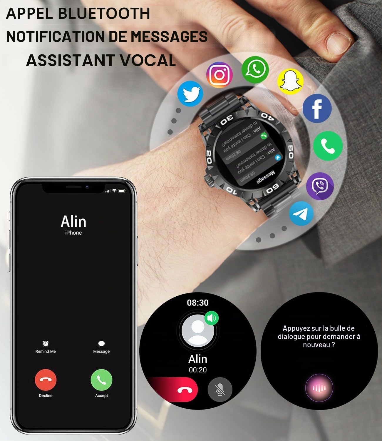 Montre Connectée Homme Appel Bluetooth Assistants Vocal 1.39" Smartwatch Intelligente Podomètre Calories Calculatrice 2 Bracelets Montre Sport Fréquence Cardiaque Sommeil SpO2 pour Android iOS