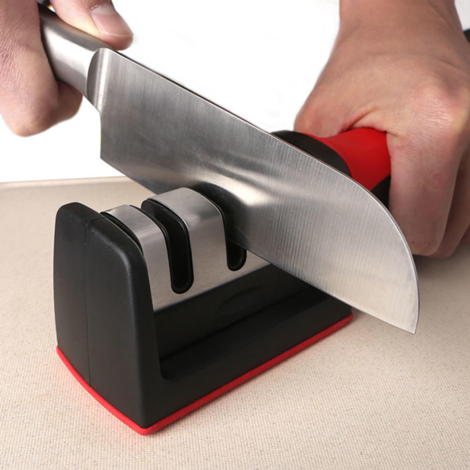 HONPOLO Knife Sharpener 3-Slot Knife Sharpener Home Fast Sharpening Artifact Ceramic Tungsten Steel Whetstone Sharpening Stick, Handle Different Knives & Blades, Ergonomic Non-Slip Base Easy to Clean