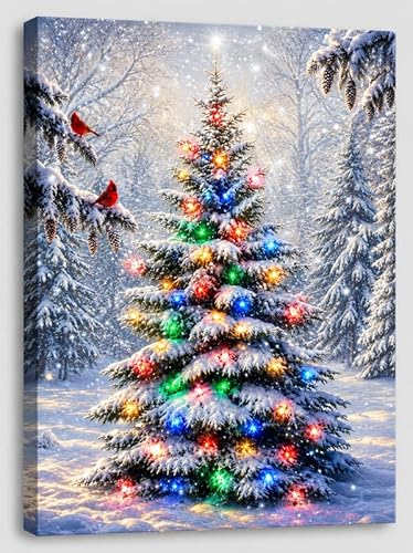 alottagifts Lighted Christmas Tree Canvas Wall Art 16" x 12" with LED Timer – Snowy Winter Forest Christmas Tree Scene Decor for Living Room Bedroom Fireplace