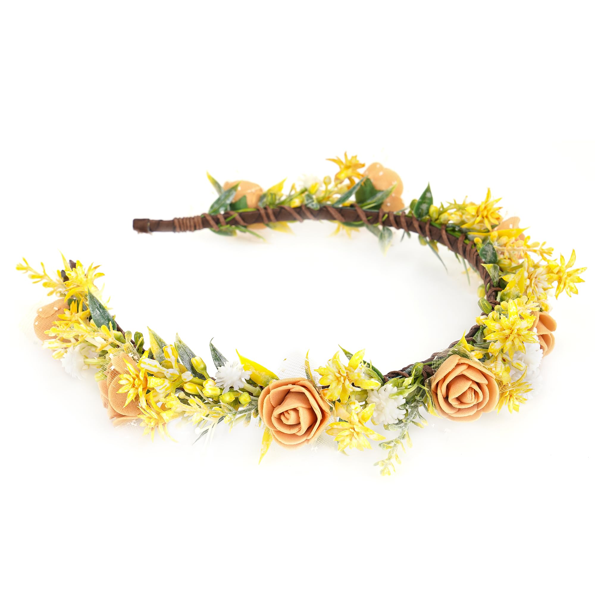 Flower Crown Fairy Yellow Wreath Headband Women Lace Foam Rose Flower Hair Headpiece Fancy Dress Elf Costumes for Carnival Weddings Party