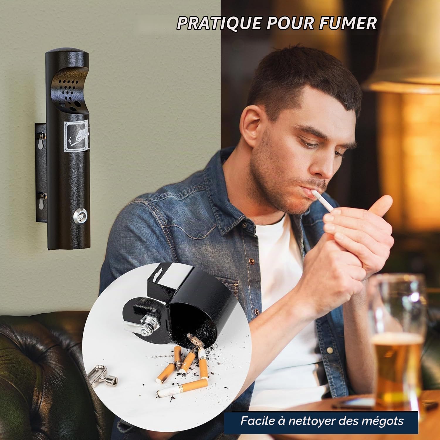 2 Pièces Cendrier Exterieur Mural, Poubelle Murale en Acier Inoxydable, Étanche Tubulaire Cendrierpublic pour Terrasse avec Serrure, Pour Terrasse, Pub, Bar, Bureau, Hôtel, Noir