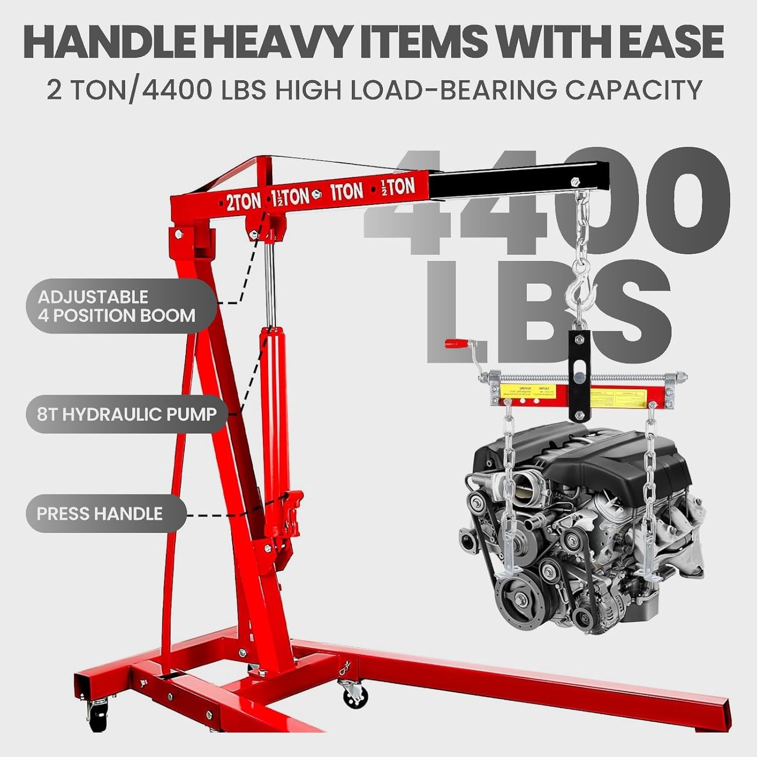 Folding Engine Crane, 2 Ton 4400lb Engine Hoist, with 6 Casters&w/ 4 Adjustable Load Arm,Cherry Picker Hydraulic Engine Hoist with Telescopic Boom