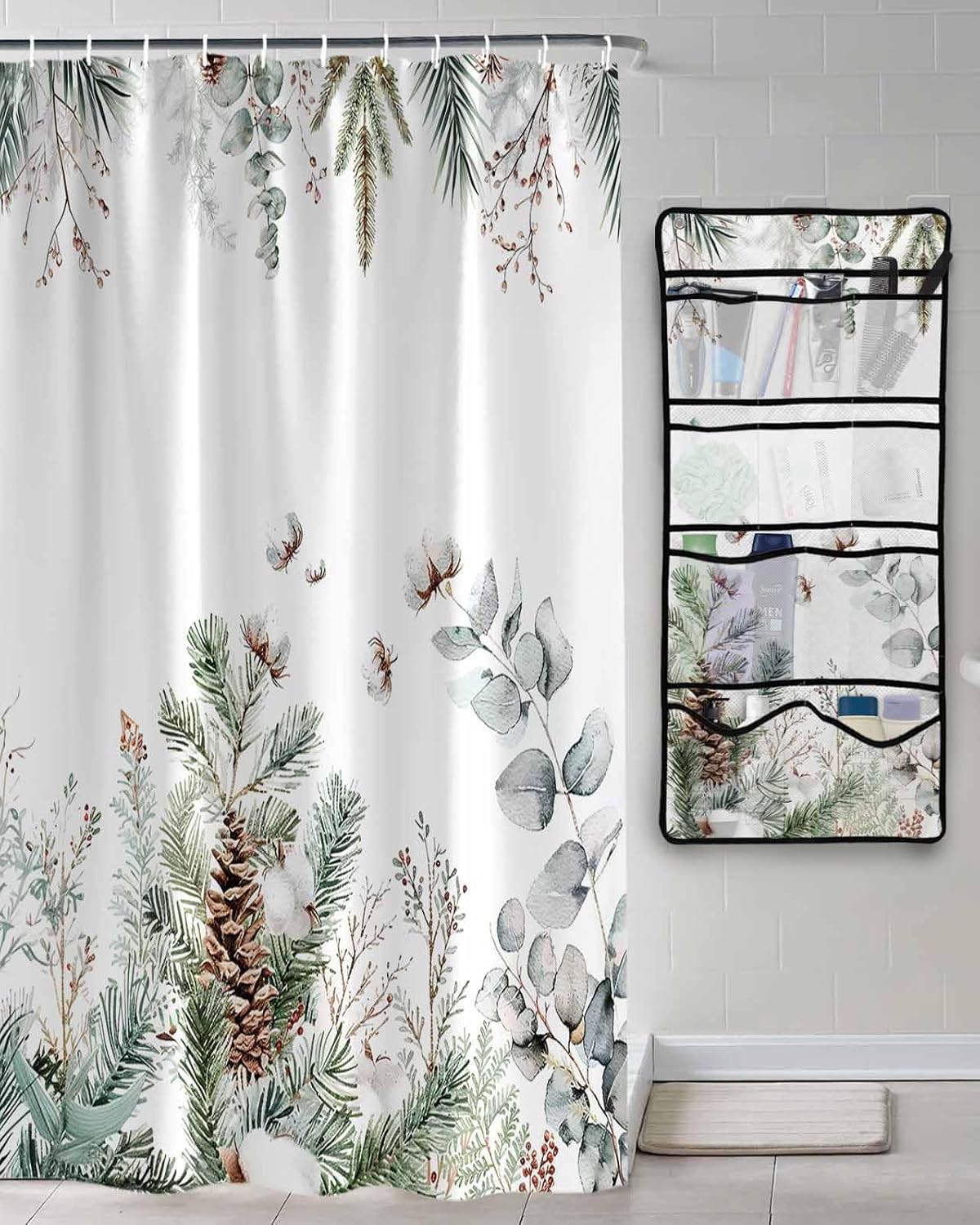 Decorative Shower Curtain Sets Christmas Green Berry Polyester Fabric Waterproof Shower Curtains Winter Xmas Eucalyptus Leaves Mesh Shower