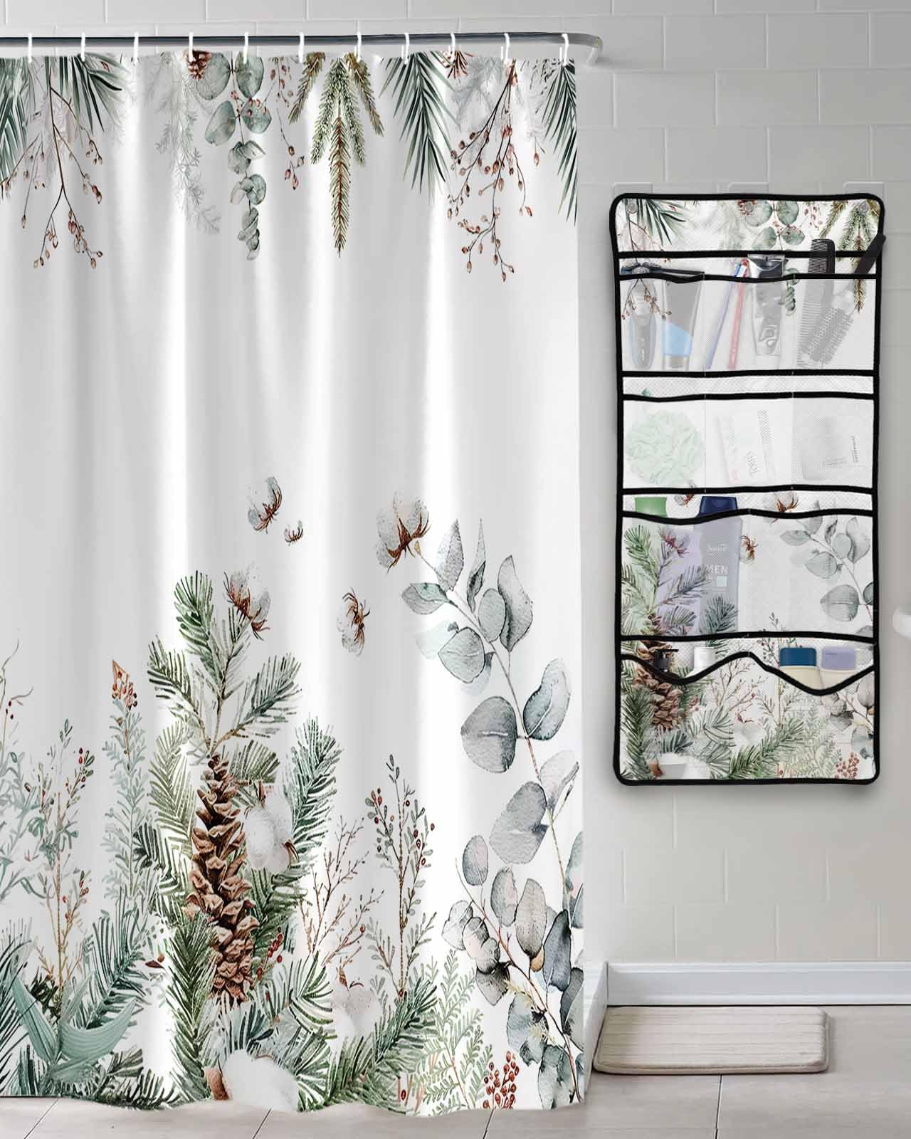 Decorative Shower Curtain Sets Christmas Green Berry Polyester Fabric Waterproof Shower Curtains Winter Xmas Eucalyptus Leaves Mesh Shower