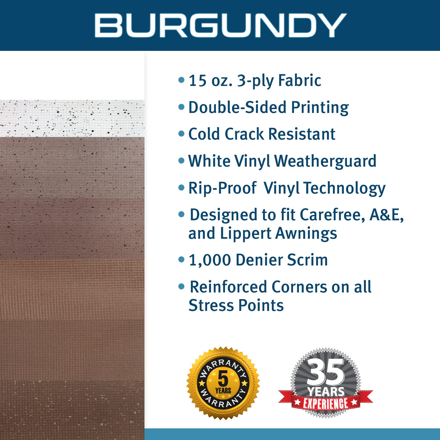 RV Awning Replacement Fabric - Burgundy 16' (Fabric 15'2") Universal Fit For Carefree, Dometic, Faulkner - View #7