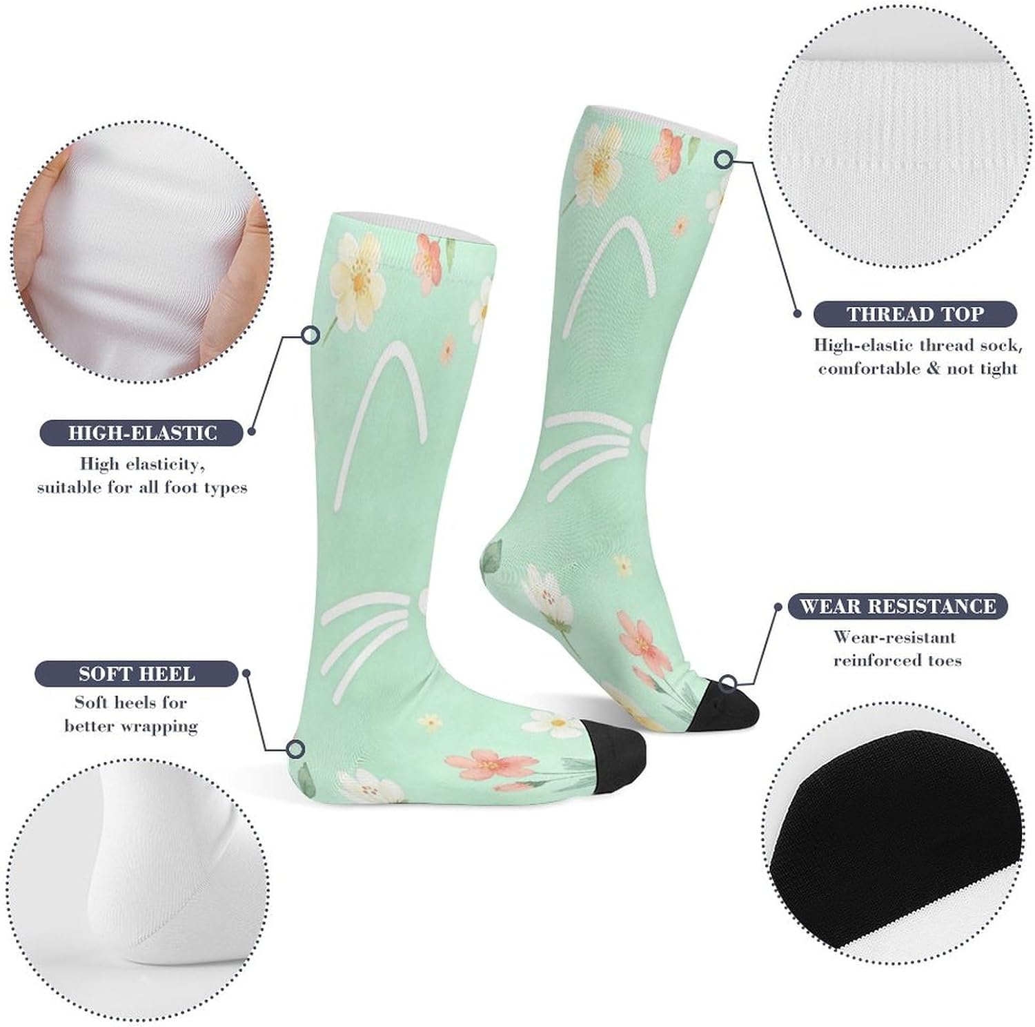 Floral Cat Face Crew Socks Calf Socks Athletic Crew Sock