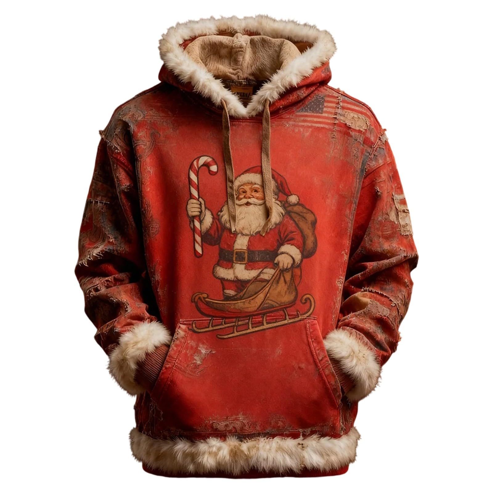 Christmas Sweatshirts Men Xmas Vintage Hoodies Faux Fur Trim Y2k Hooded Sweaters Ugly Warm Holiday Pullover Tops with
