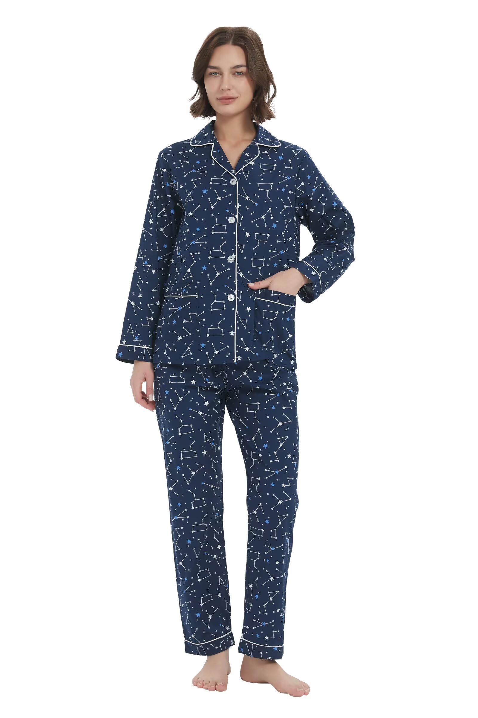 Kolipajam Women's Constellation B 100% Cotton Pyjamas For Long-Sleeve Pjs Set Cozy Button Down Sleepwear Boyfriend Loungewear