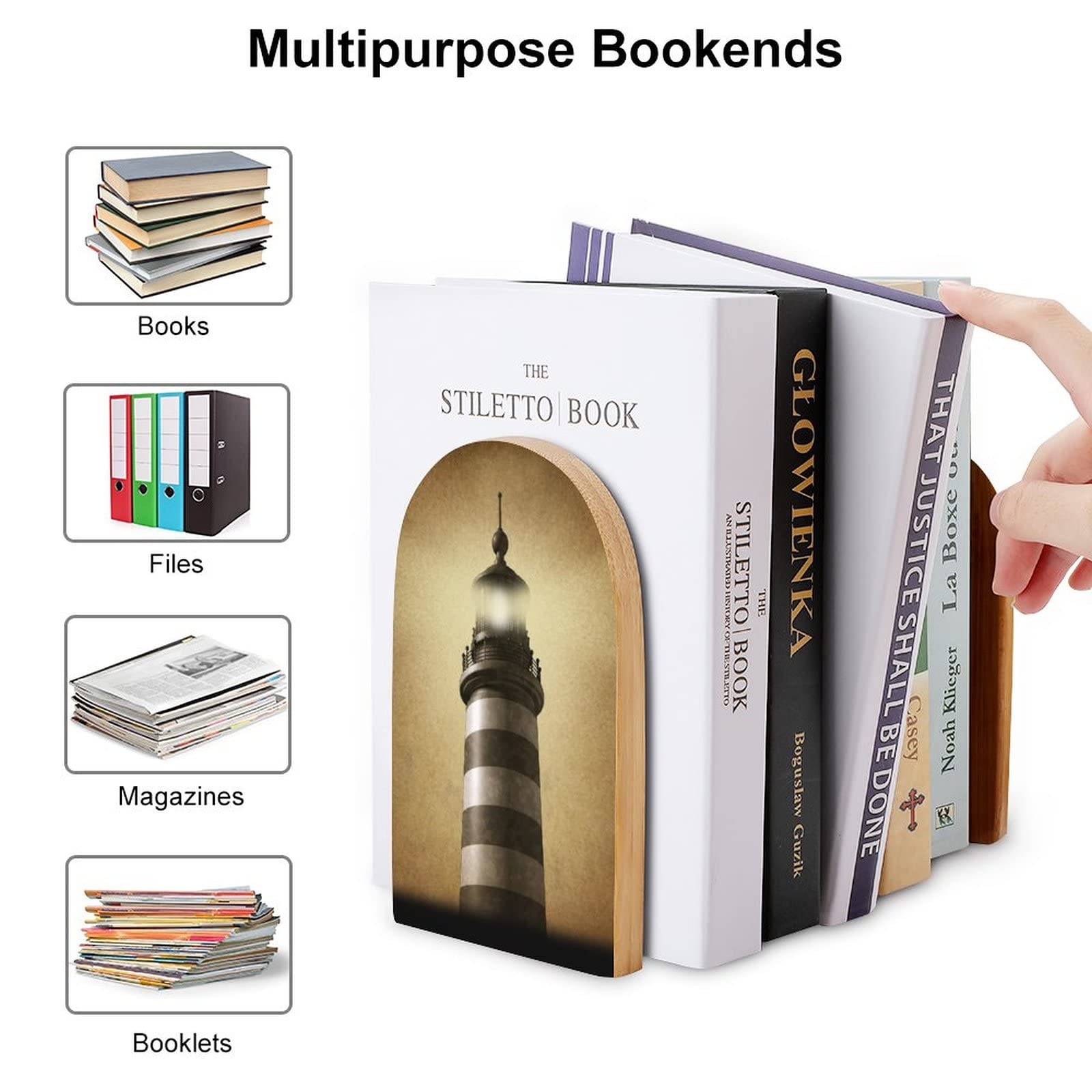 Fermalibri A Forma Di Faro Oceanico In Legno E Metallo – Set Di 2, 17x12x10,2 Cm, Base Antiscivolo, Per Librerie E Uffici