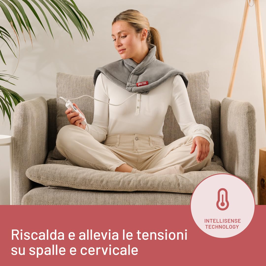 Imetec Intellisense Cervical – Termoforo cervicale e spalle, sollievo a tensioni e contratture, 47x52 cm, tessuto anallergico lavabile, 5 temperature, massima vestibilità