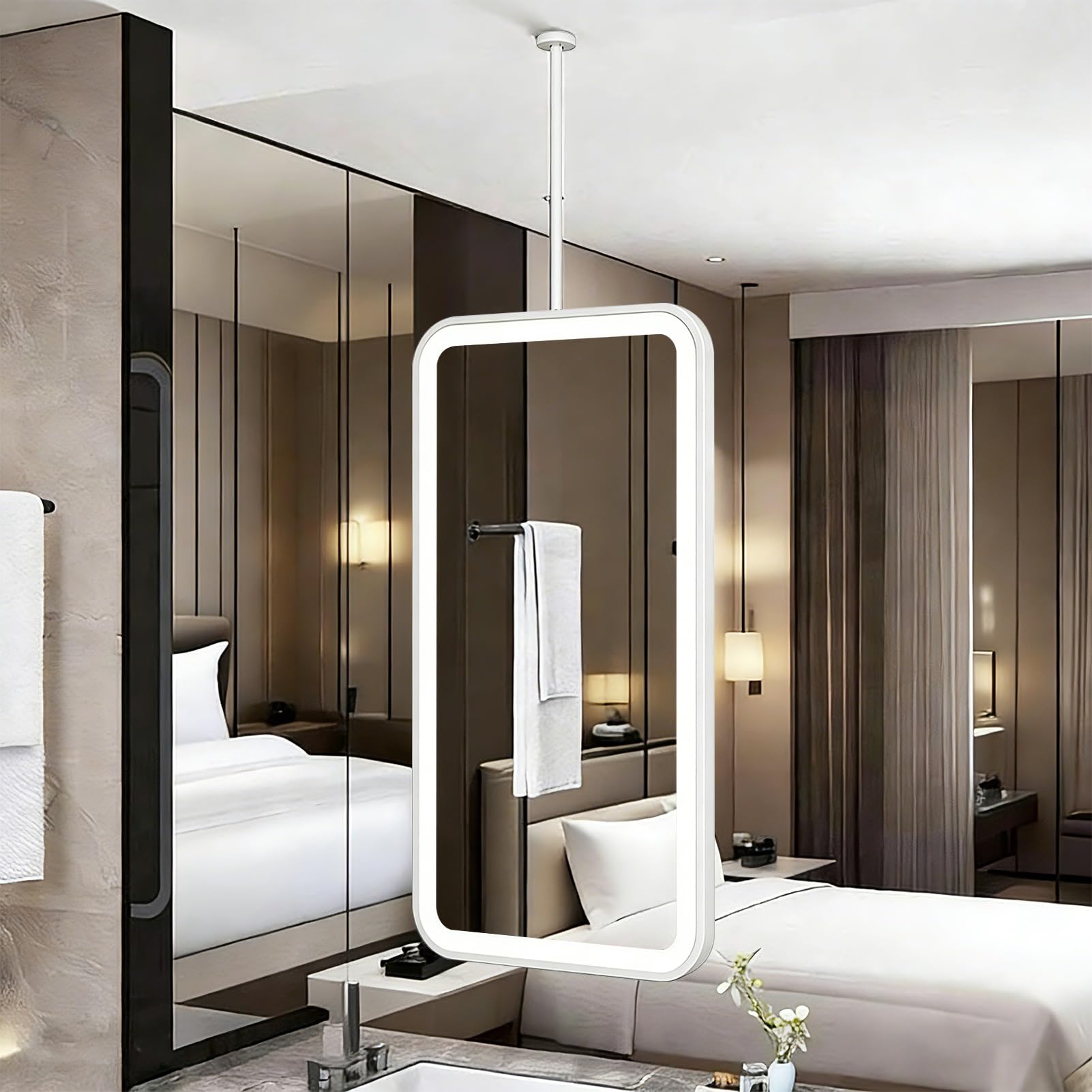 FGXHHS Metal Frame LED Illuminated Mirror｜Ceiling Hanging Suspended Mirrors Bathroom Vanity Mirrors｜Rectangle Mirror for Bedroom Hallway Living Room，White(40cmx60cm)