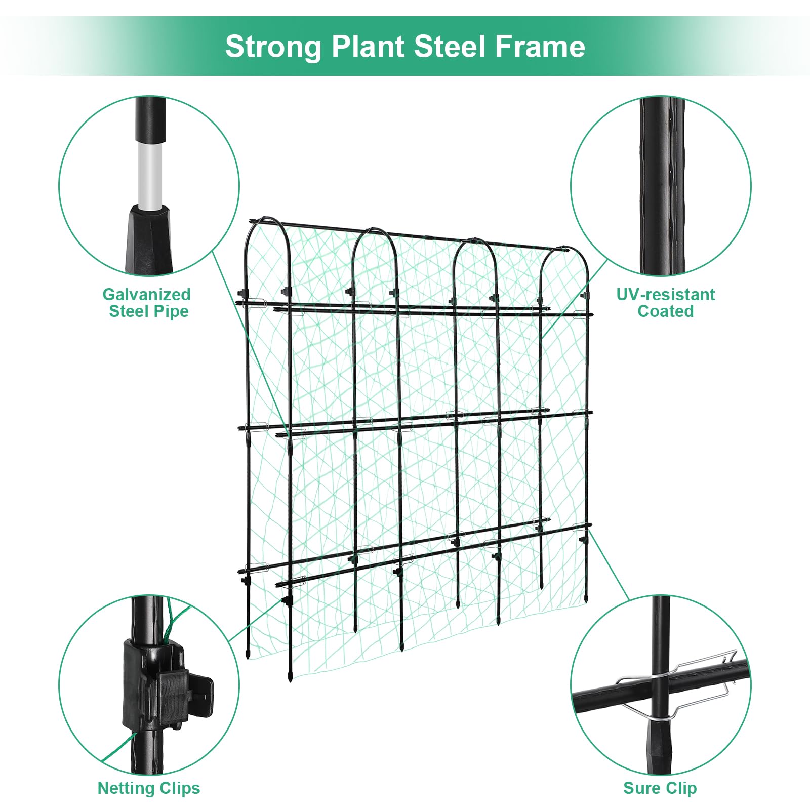 UNHO Traliccio Arco Alto 222cm Giardino: Traliccio per Piante Rampicanti con Rete Traliccio per Cetrioli Orto in Metallo da Gazebo Telaio Supporto per Rose Rampicanti Piante Frutta Verdura a Tunnel