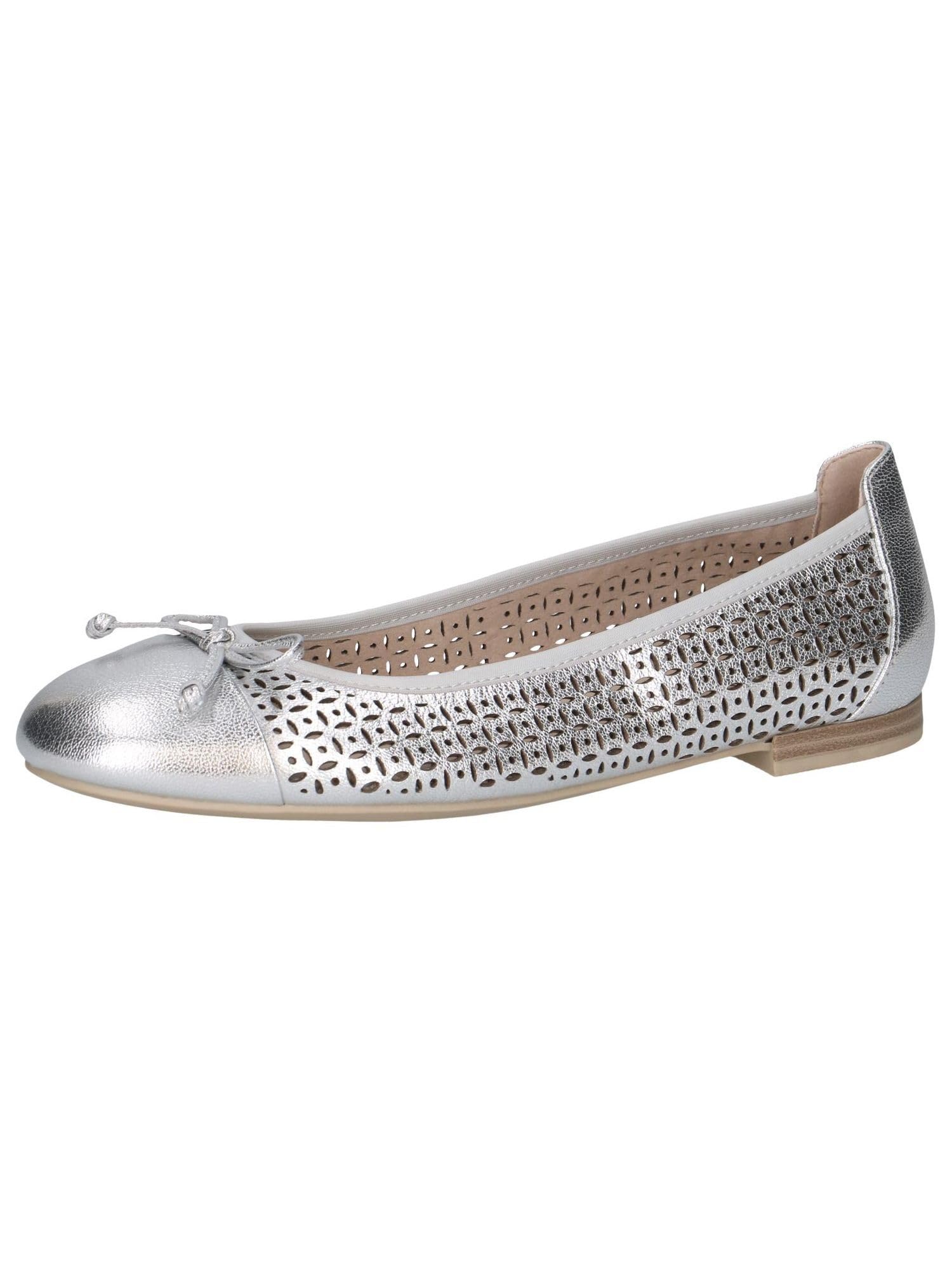CAPRICE Women Ballet Flats Leather with Perforated Pattern, Silver (Silver Metal.), 3.5 UK