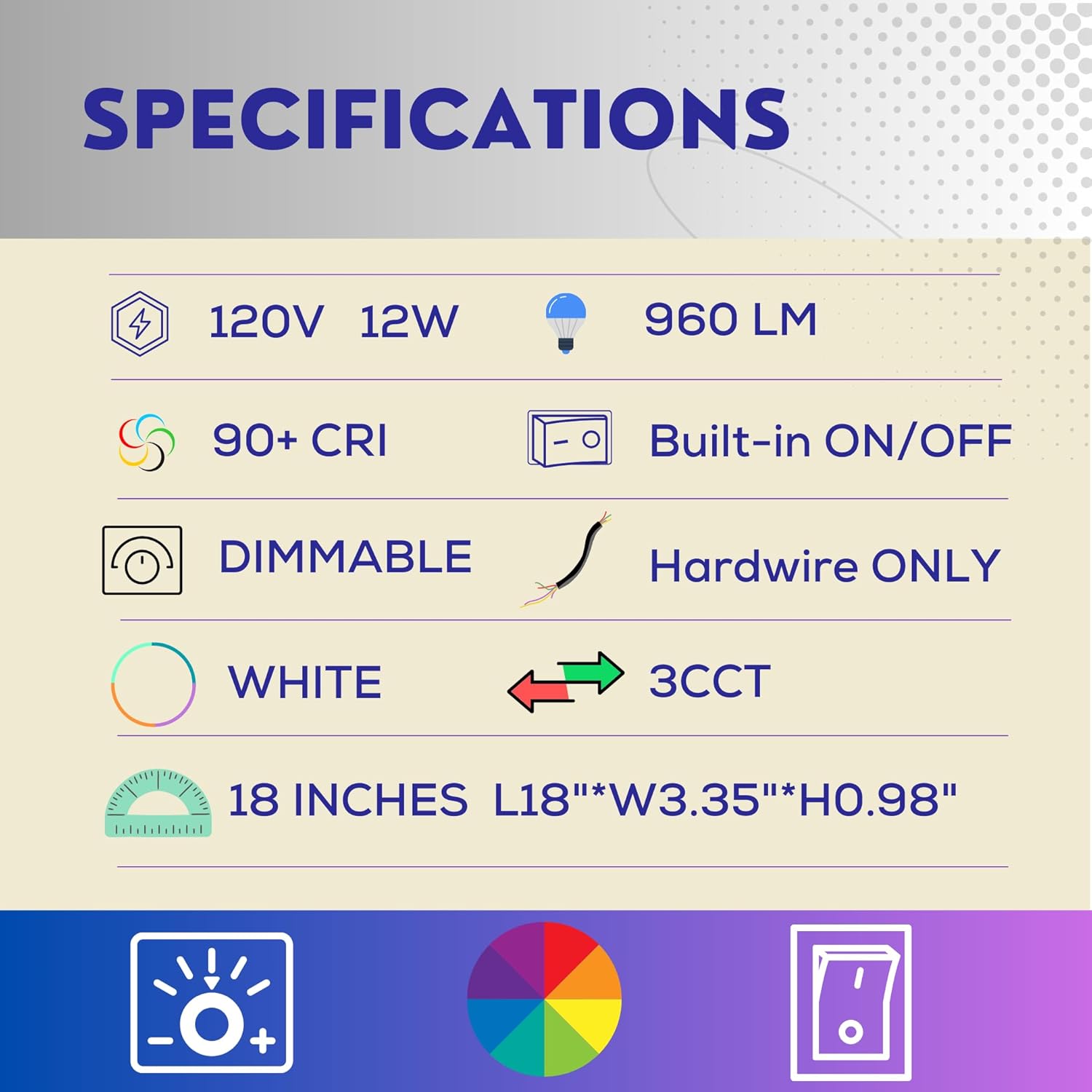 18 Inch Under Cabinet Lighting, Hardwired LED Under Cabinet Lights, Triac Dimmable 0-100% with 3 Color Temperatures 3000K/3500K/4000K, 960LM Indirect Anti-Glare, FCC Listed for Kitchen