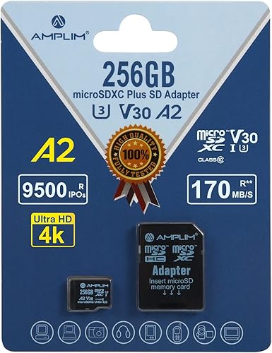 Miniatura 10 de Amplim Tarjeta Micro SD de 256 GB  2 tarjetas de memoria de 256 GB Plus adaptador, extremadamente alta velocidad 170MBS A2 MicroSDXC U3 Clase 10 V30