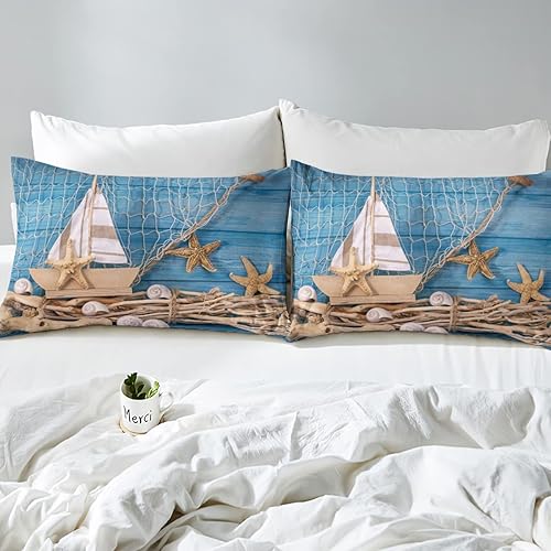 Miniatura 5 de Erosebridal Juego de sábanas de tamaño King costero para niñas, niños y adolescentes, sábanas y fundas de almohada de concha de estrella de mar,