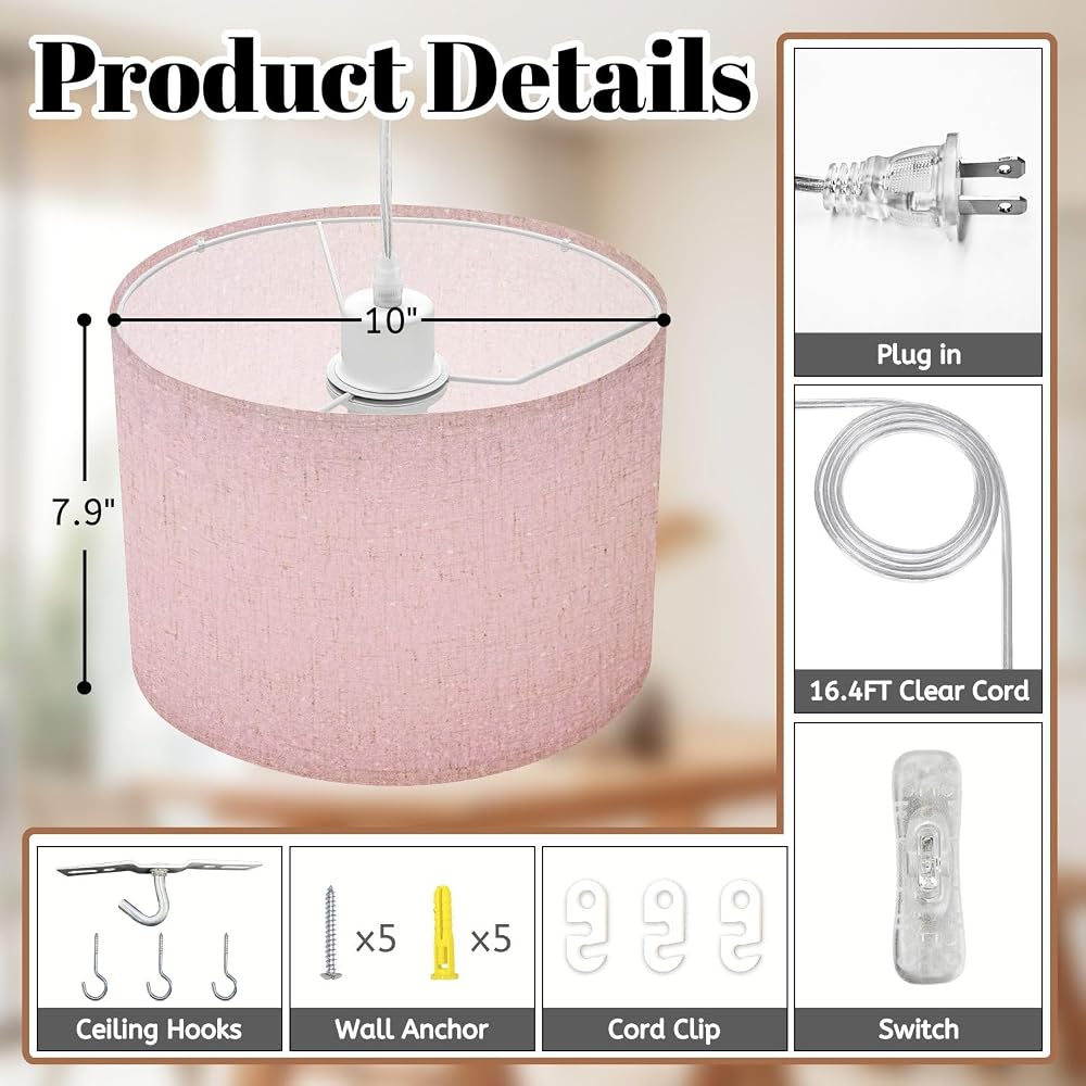 Plug in Pendant Light Pink Glitter Sparkly Glittery Bling Soft Shimmering Effect Light Hanging Light with Plug in Clear Cord Dimmable Switch Linen Shade Hanging Lamp Fixture for Bedroom Kitchen