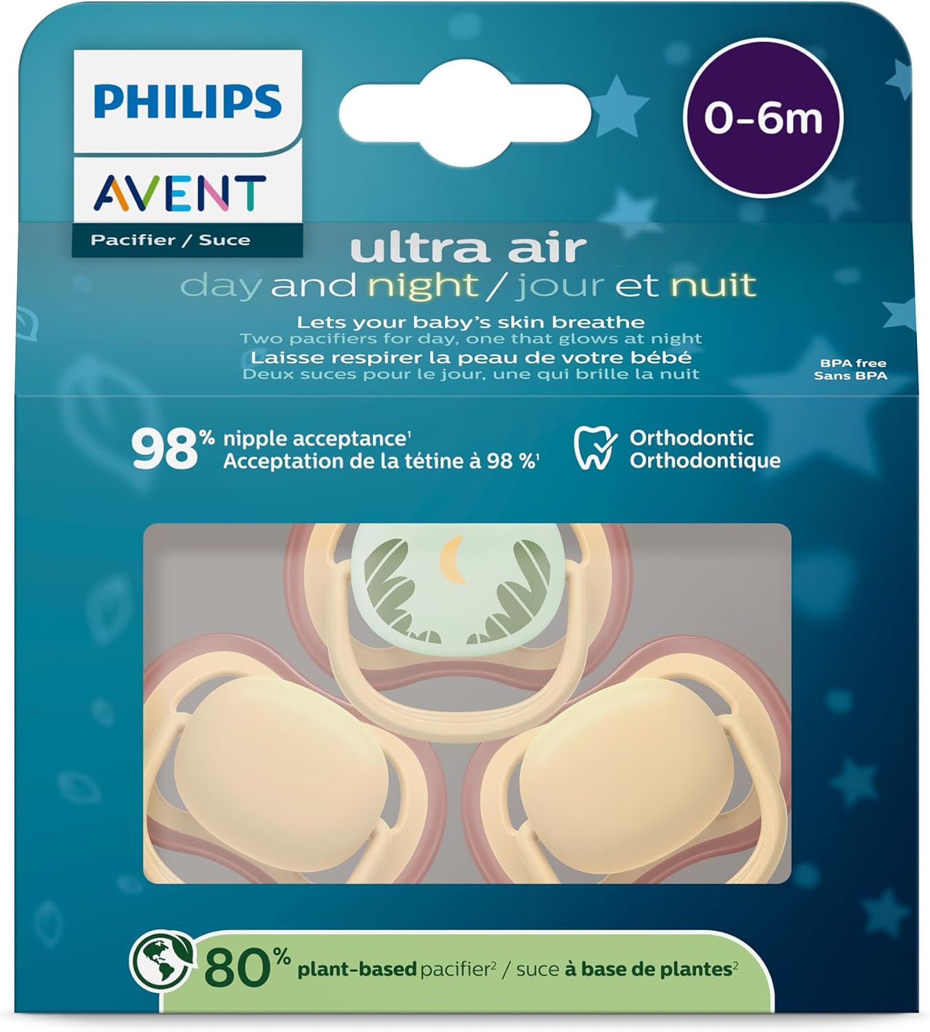 Philips Avent ultra air Pacifier 0-6m, light yellow/tropical night, day+night 3 pack, SCF087/23 (Light Yellow/Tropical Night)